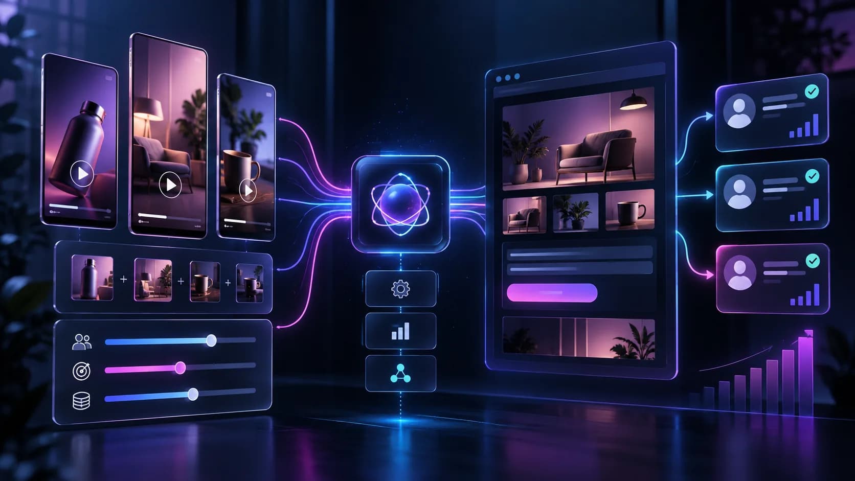 Painel de campanha Smart+ do TikTok conectado a uma landing page e leads, em tons de roxo e azul