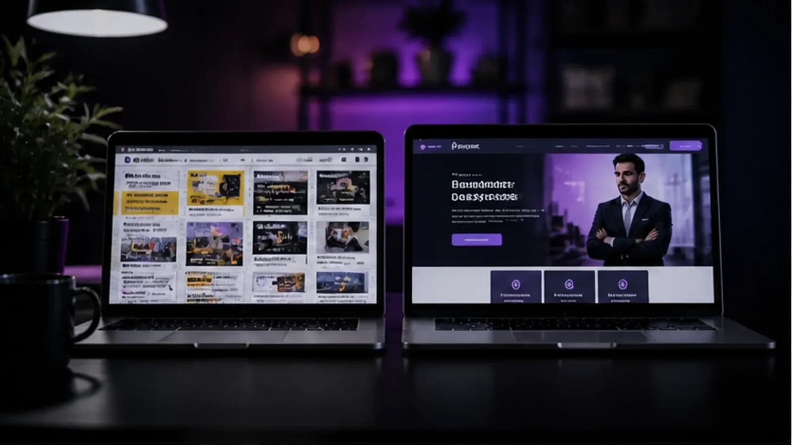 Comparação entre site barato e site profissional em duas telas de computador